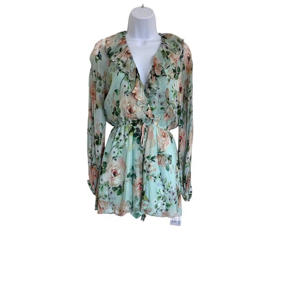 Yumi Kim Maya Romper XS Sunday Rose Aqua Floral Long Sleeve NWT Silk Chiffon - Picture 3 of 15